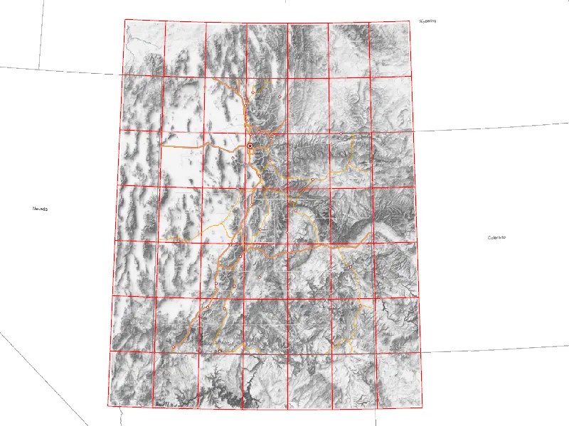 A map showing 49 individual tiles 1 degree by 1 degree covering all of Utah and some of the surrounding states